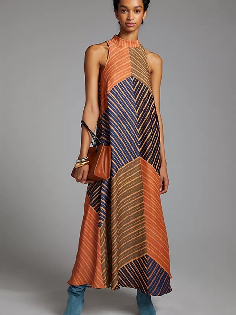 Worn 1x FARM Rio Chevron Patchwork Maxi Dress in Rust, Navy & Olive